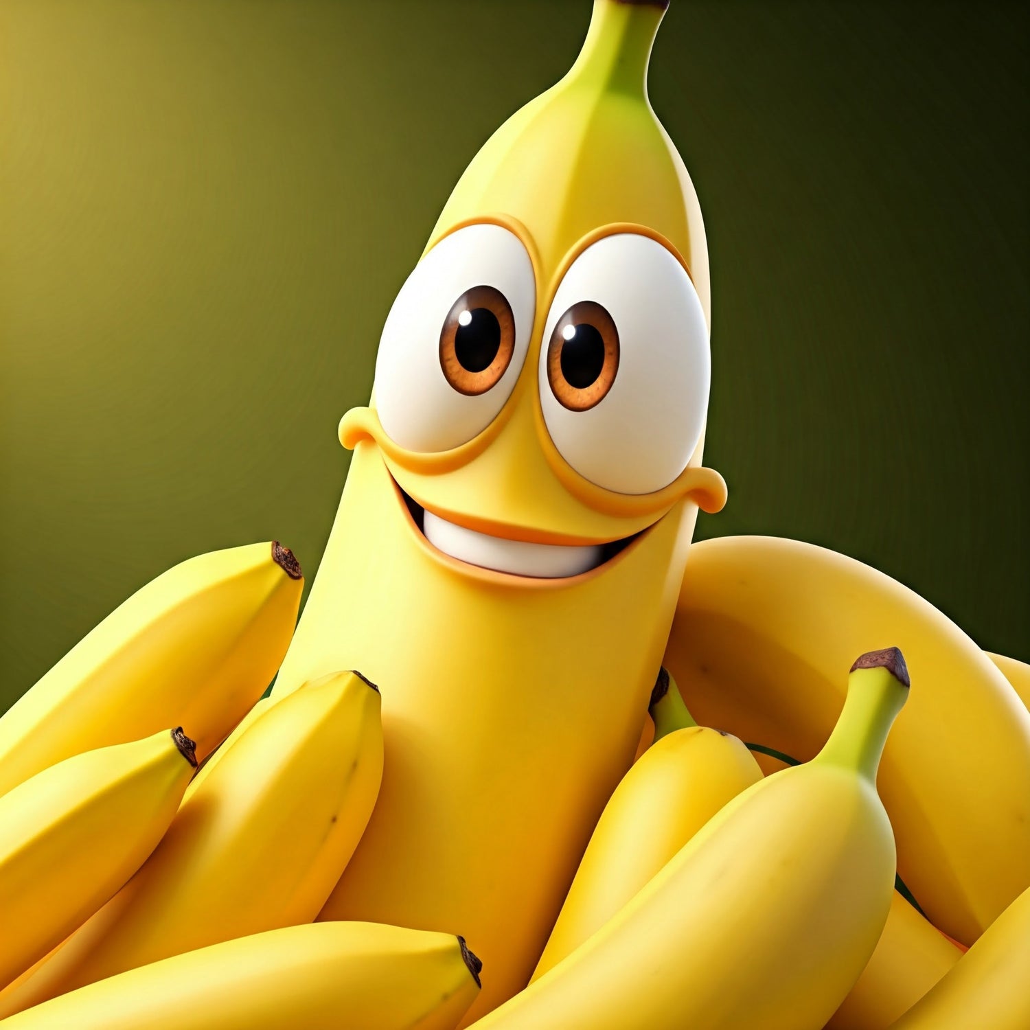 A cheerful, smiling banana character surrounded by a bunch of ripe bananas, radiating fun and positivity.