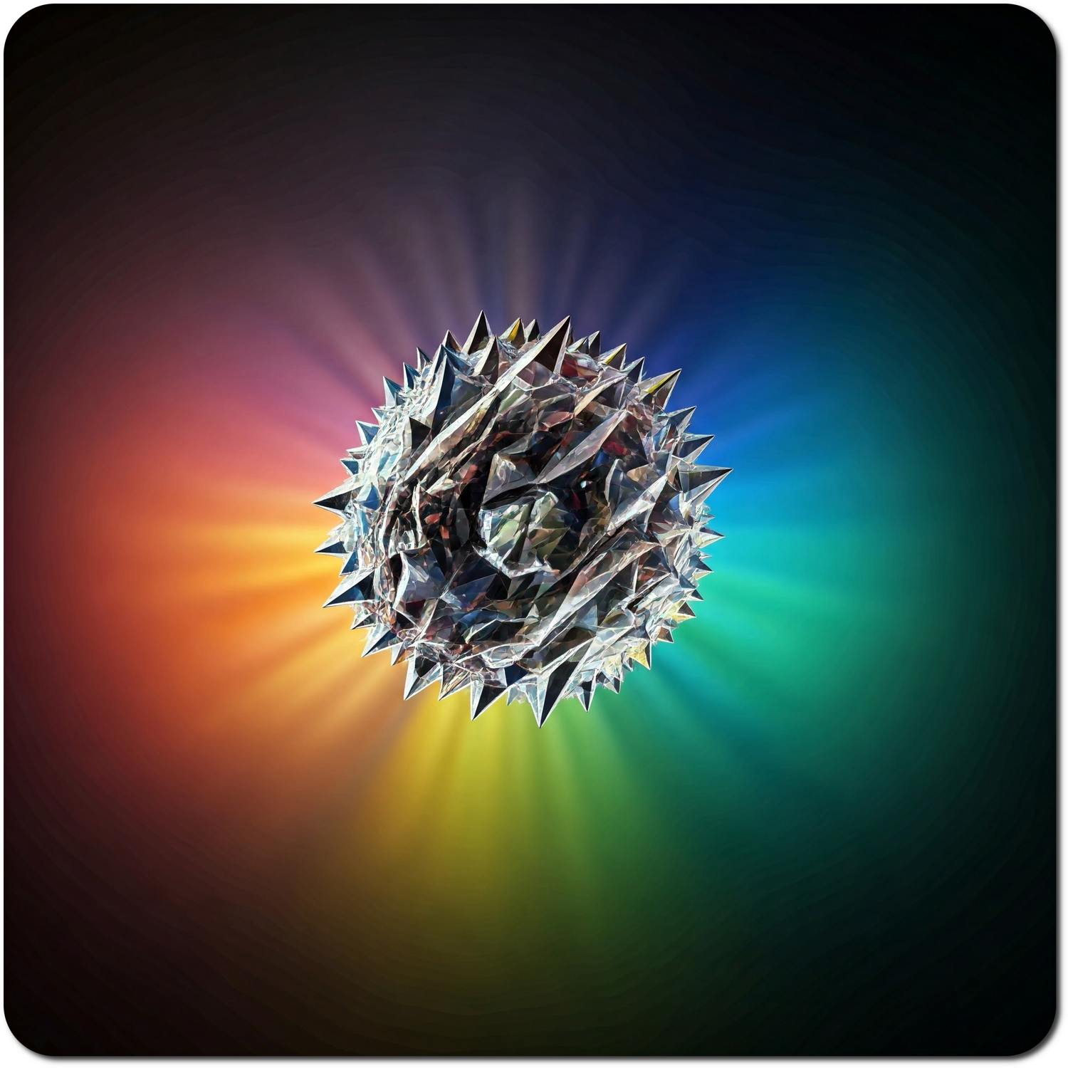 A spiked crystalline sphere emitting rainbow-colored light rays, evoking a sense of intensity and cold beauty on a dark gradient background.