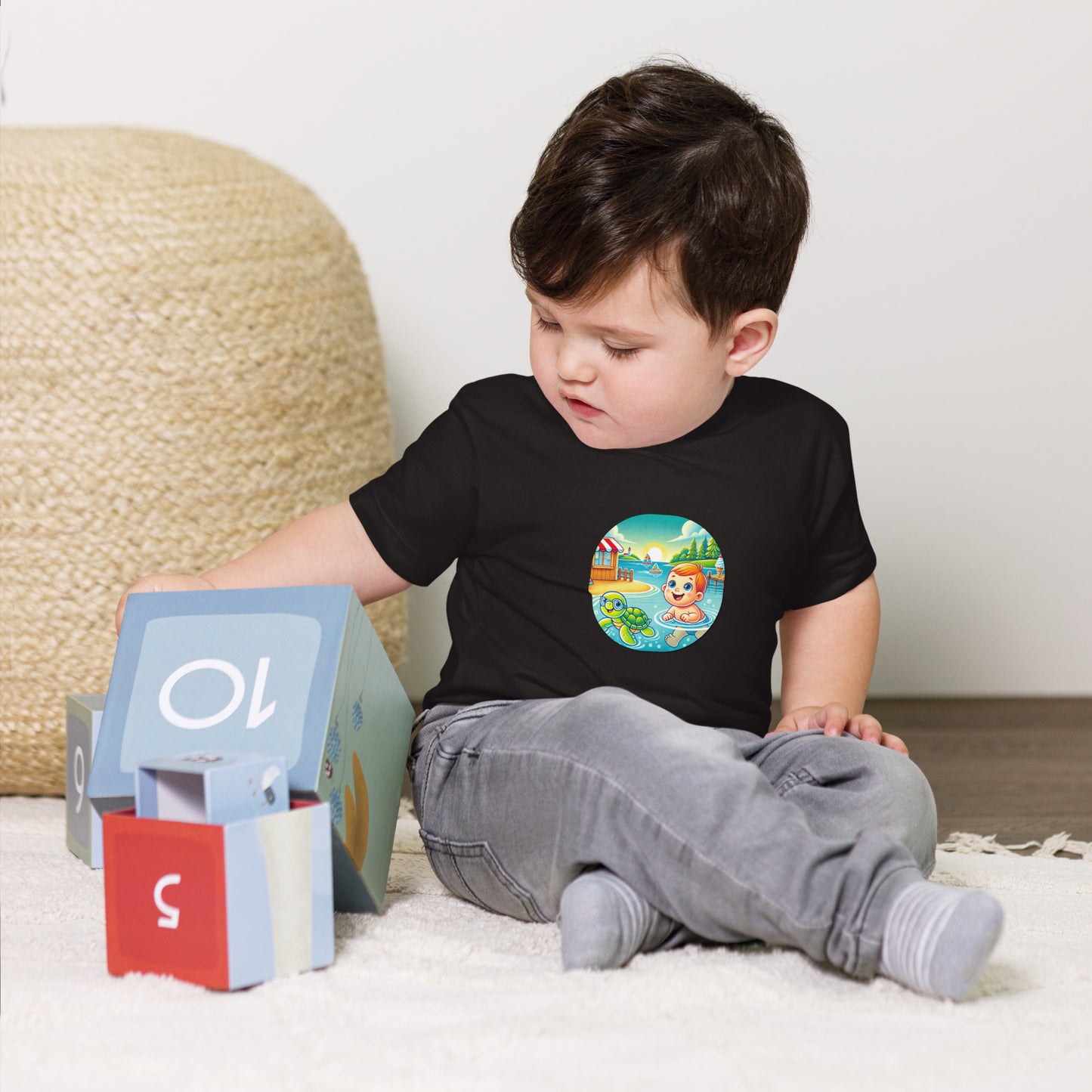 A cheerful baby playing in the water with a happy turtle wearing goggles, set against a sunny lakeside backdrop with a lighthouse, sailboats, and ice cream stand.